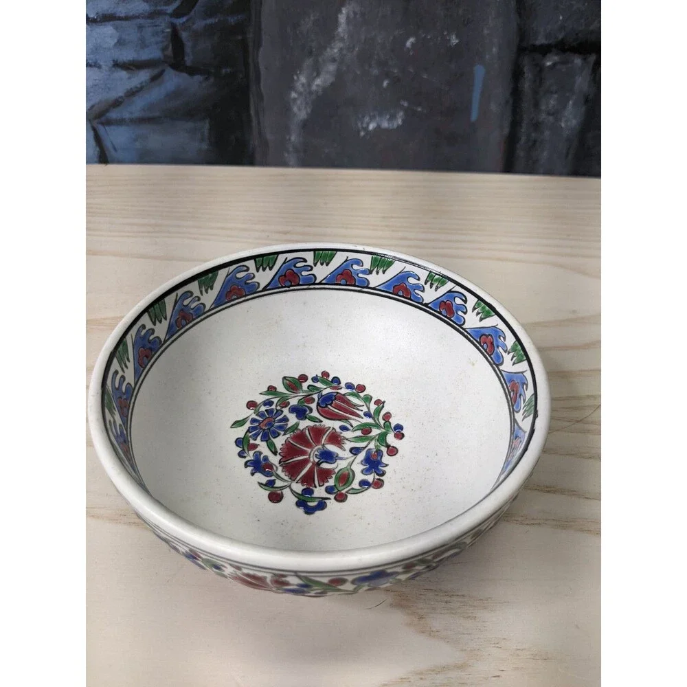 Hand painted Signed Small Turkish Bowl Red Green Floral Deer Trinkets Jewelry